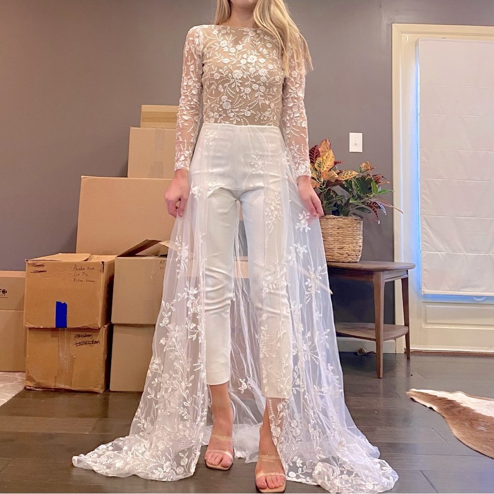 White Bridal Jumpsuit with Lace Train